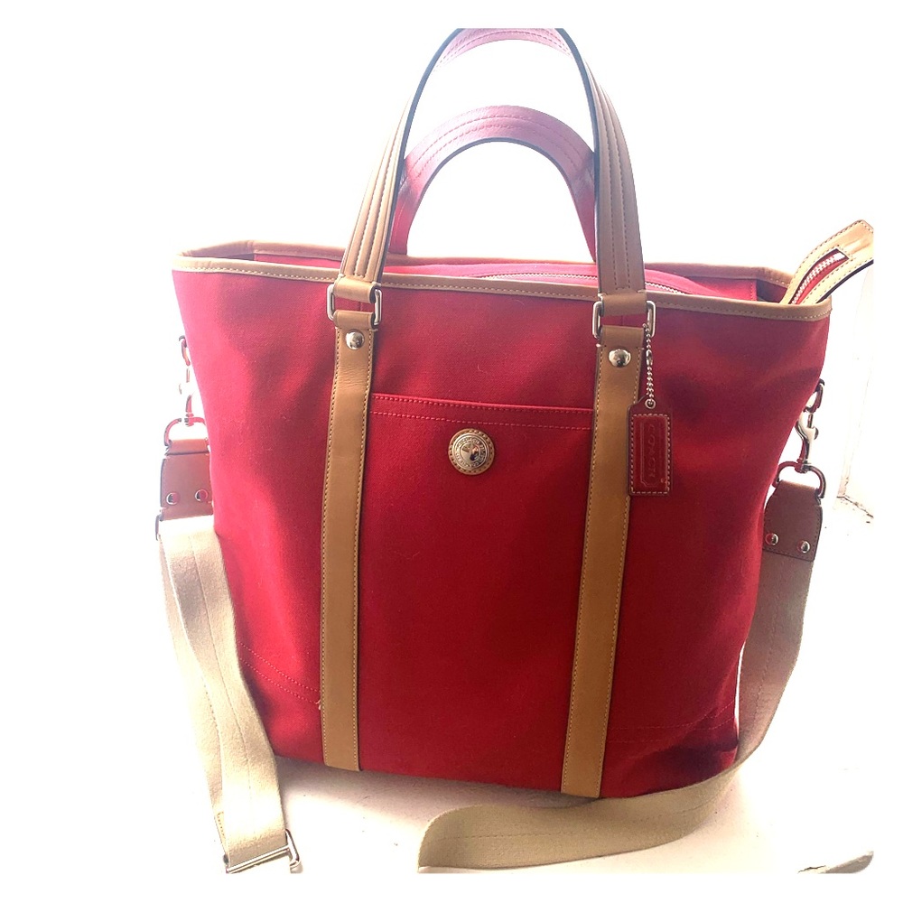 Coach Tote in Red canvas trimmed in leather.